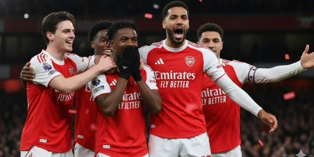 imagem dos jogadores do arsenal comemorando um gol