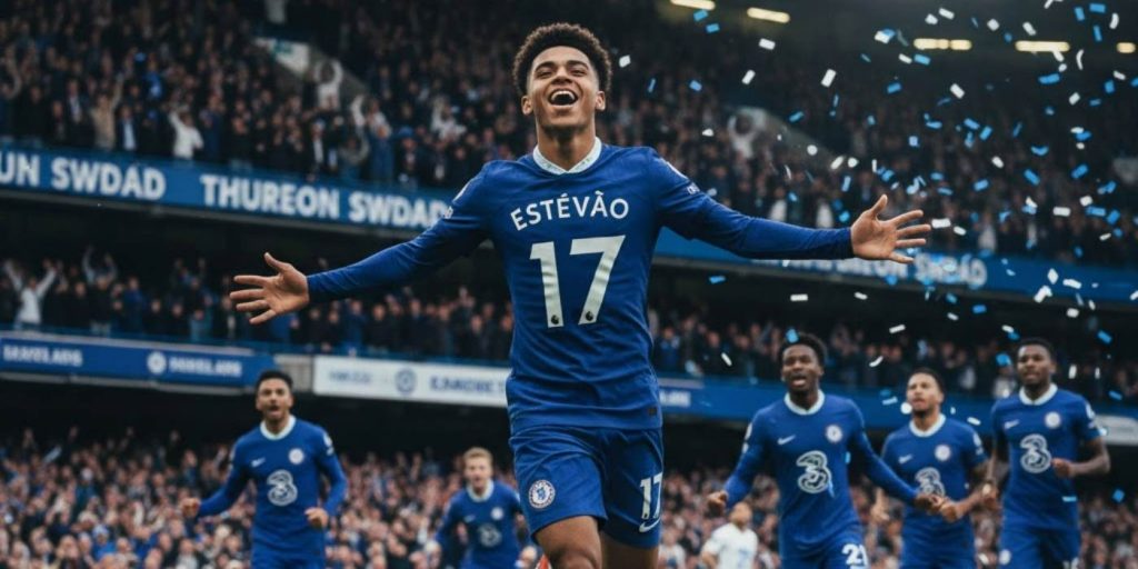 imagem do estevão comemorando um gol, ele é um dos novos jogadores do Chelsea