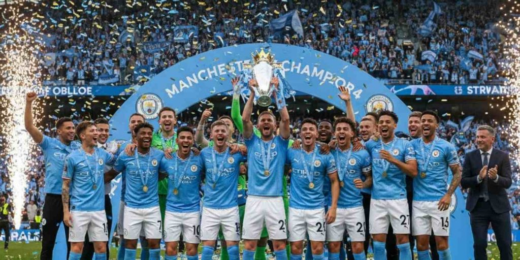 os tubarões azuis levantando a sua última taça para responder a pergunta quantas Premier League o Manchester City tem
