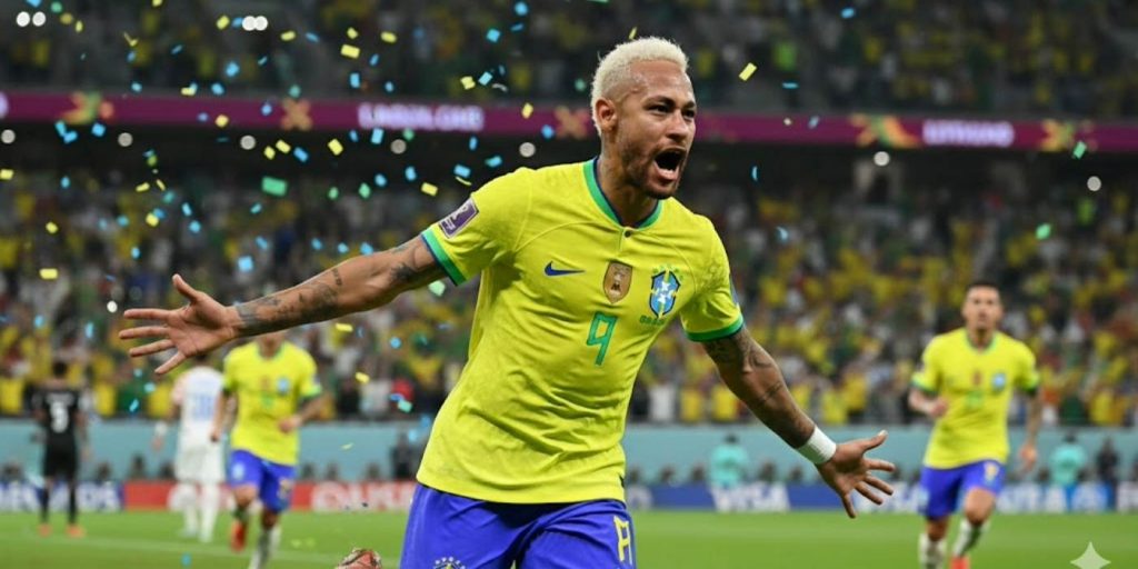 foto de neymar, maior artilheiro da seleção brasileira, comemorando gol
