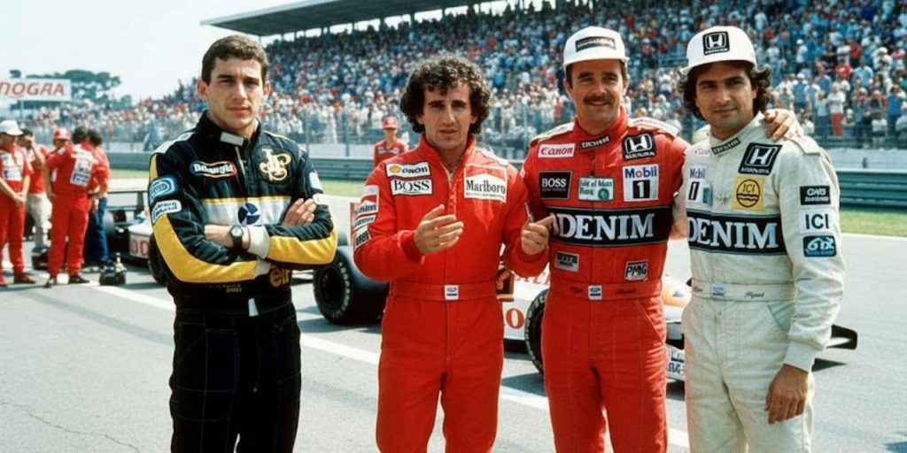 imagem de alguns dos maiores campeões da fórmula 1. Entre eles: Ayrton Senna e Alan Prost